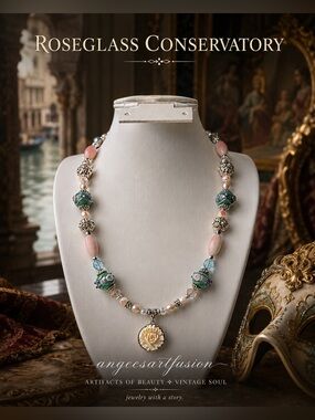 “Roseglass Conservatory”-Vtg Carved Rose,Wedding Cake,Pearls,Glass Necklace